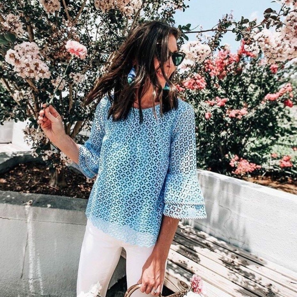 Draper James Gingham Lattice Double Bell Blouse
